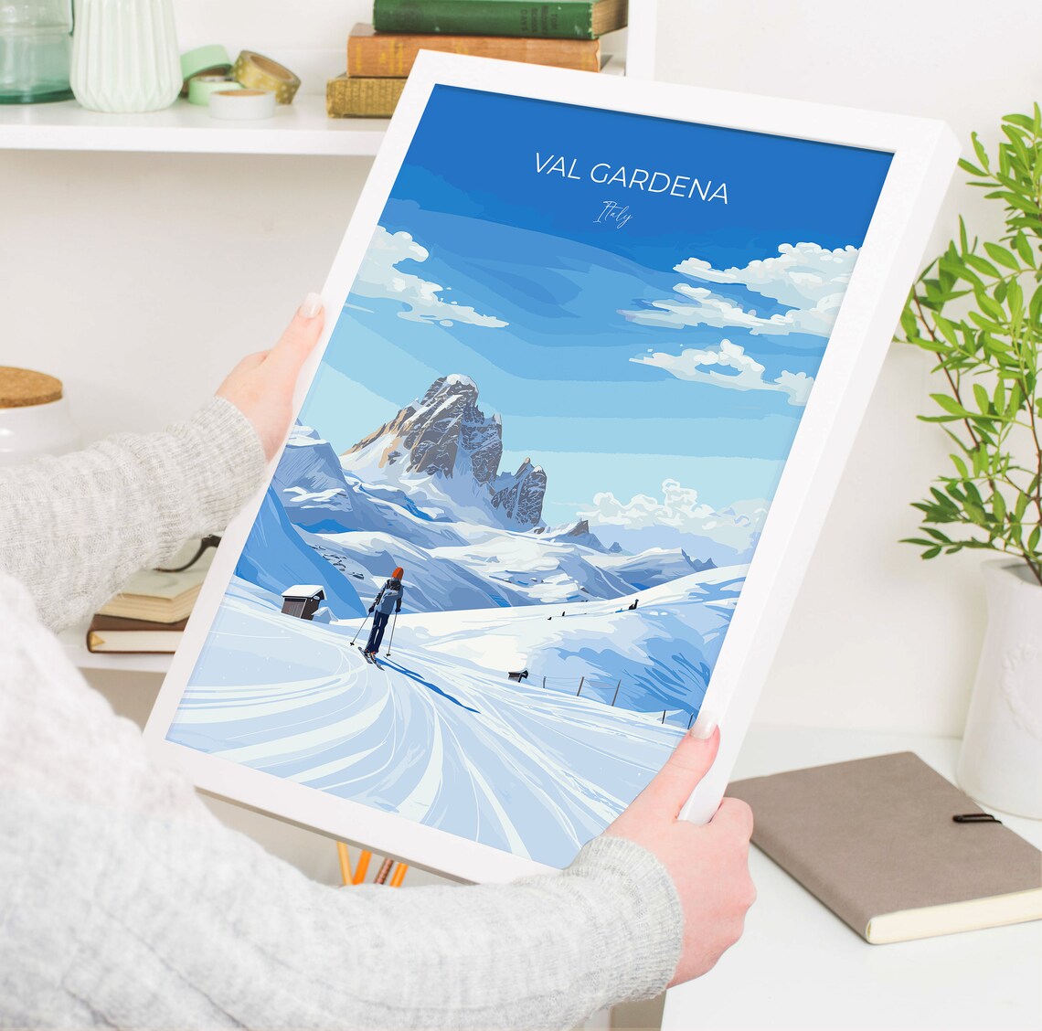 Val Gardena Italy Alpine Ski Resort Rocky Peaks Winter Skier Poster - Image 5