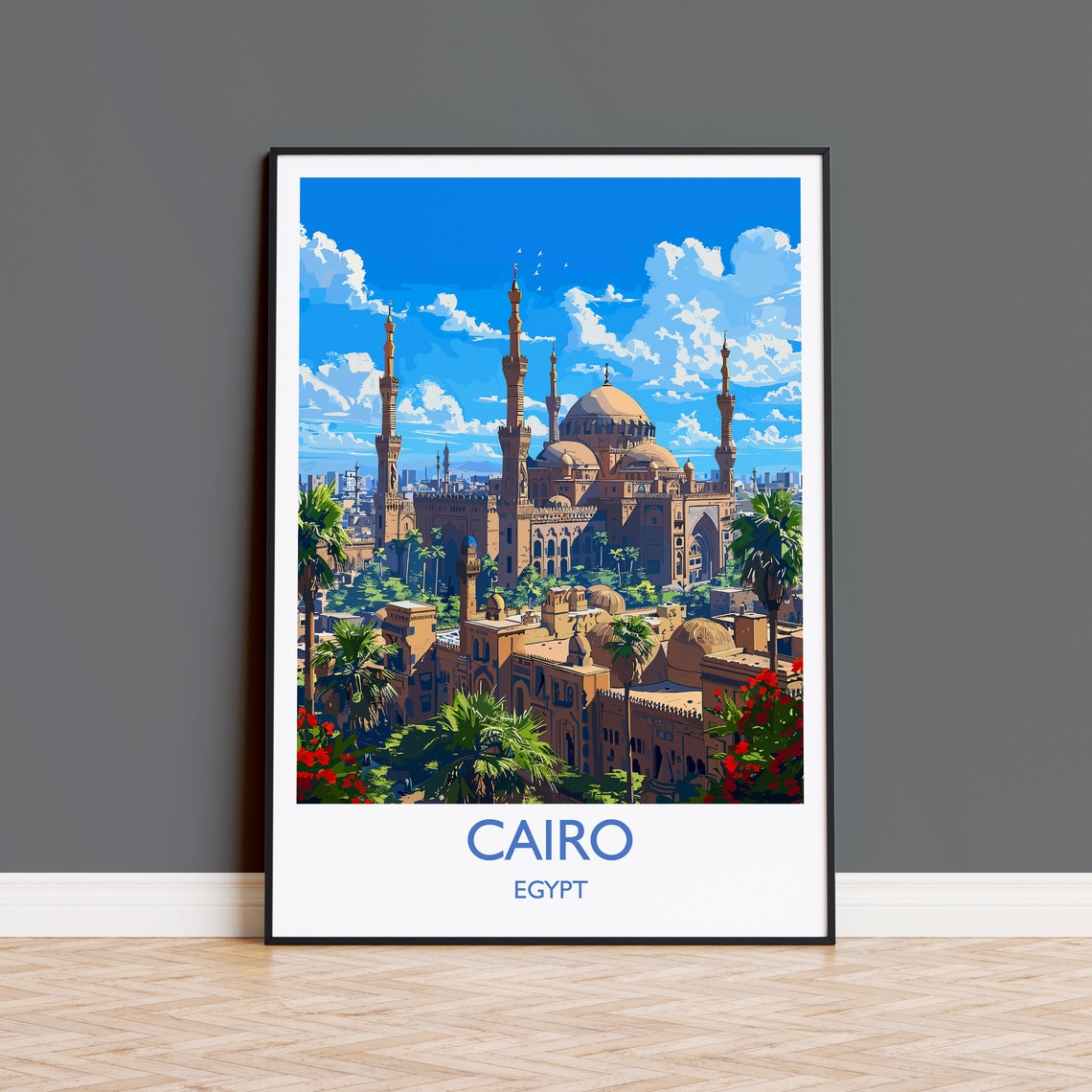 Cairo Egypt Mosque Minarets White Border Old Town Travel Poster
