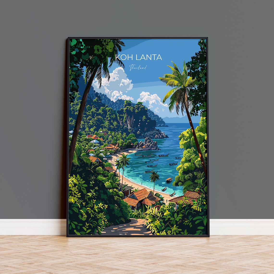 Koh Lanta Thailand Jungle Path to Beach Longtail Boats Travel Poster