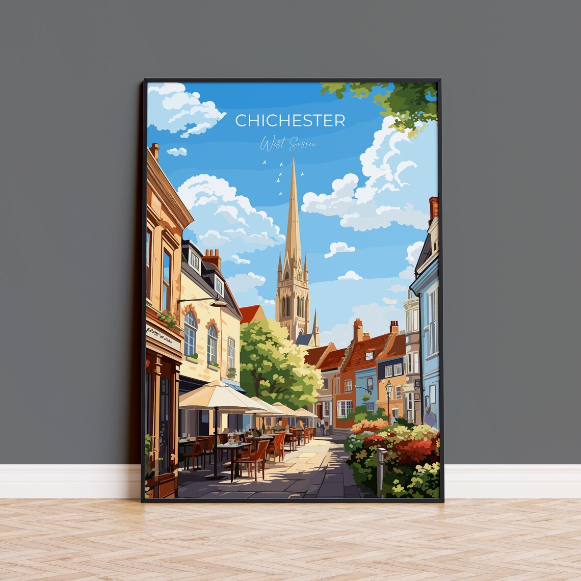Chichester Cathedral Spire Street Cafes England Travel Poster