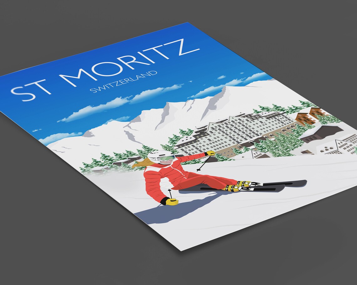 St Moritz Switzerland Skier Alpine Hotel Winter Sports Poster - Image 3