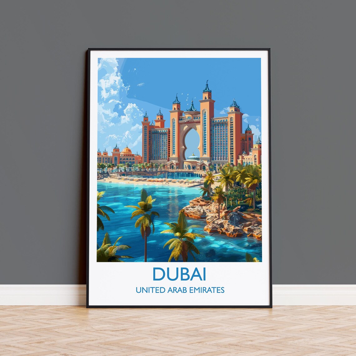 Dubai Palm Jumeirah Travel Poster, UAE Wall Art