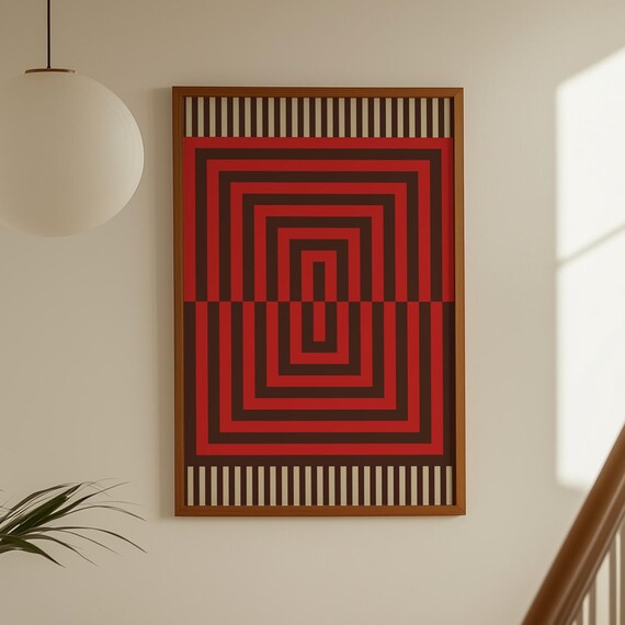 Contemporary Art Prints Red Stripe Trippy Poster And Brown Geometric Print Abstract Wall