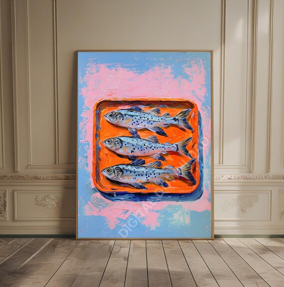 Sardines Print Sardine Tin Vintage Poster Retro Wall Art Pink Fish Eclectic Maximalist Colorful Kitchen