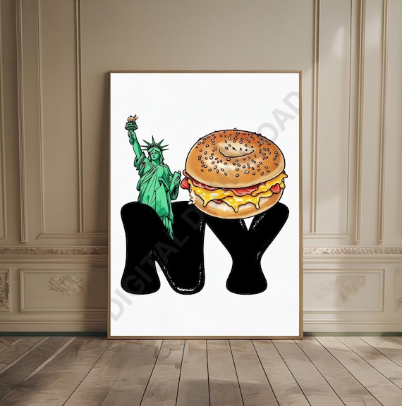 NY Statue of Liberty Bagel Sandwich Typography Pop Art Poster