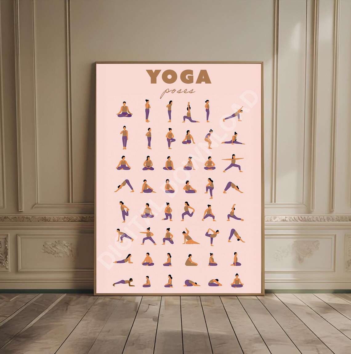 Yoga Poses Chart Blush Pink Wellness Practice Illustrated Art Poster