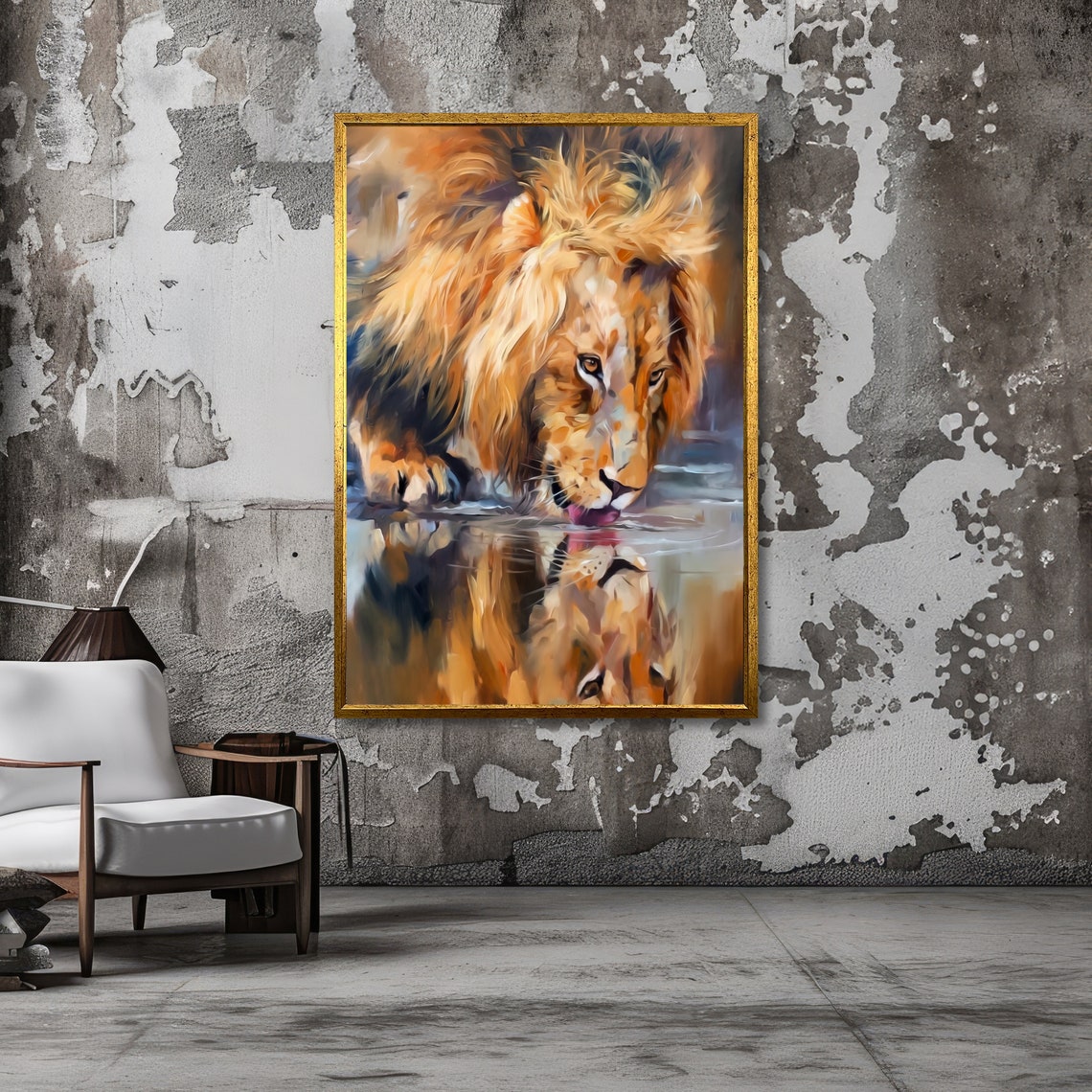 Reflective Lion Drinking Water Mirrored Reflection Art Poster - Image 5