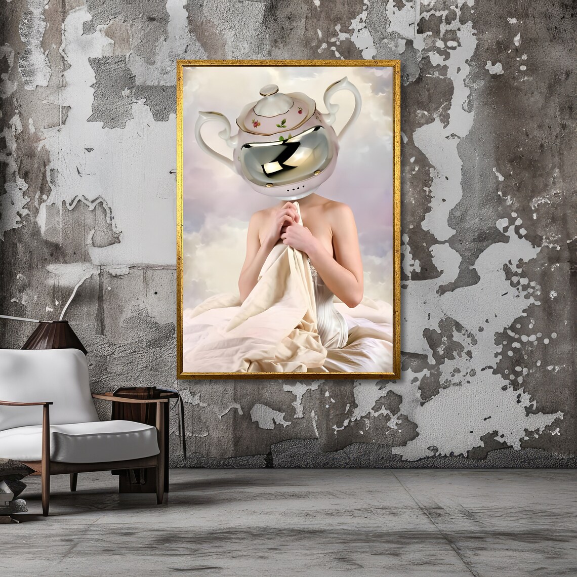 Vintage Lady With Teapot Helmet Surreal Wall Art Whimsical Art Print Ready To Hang Decor - Image 3