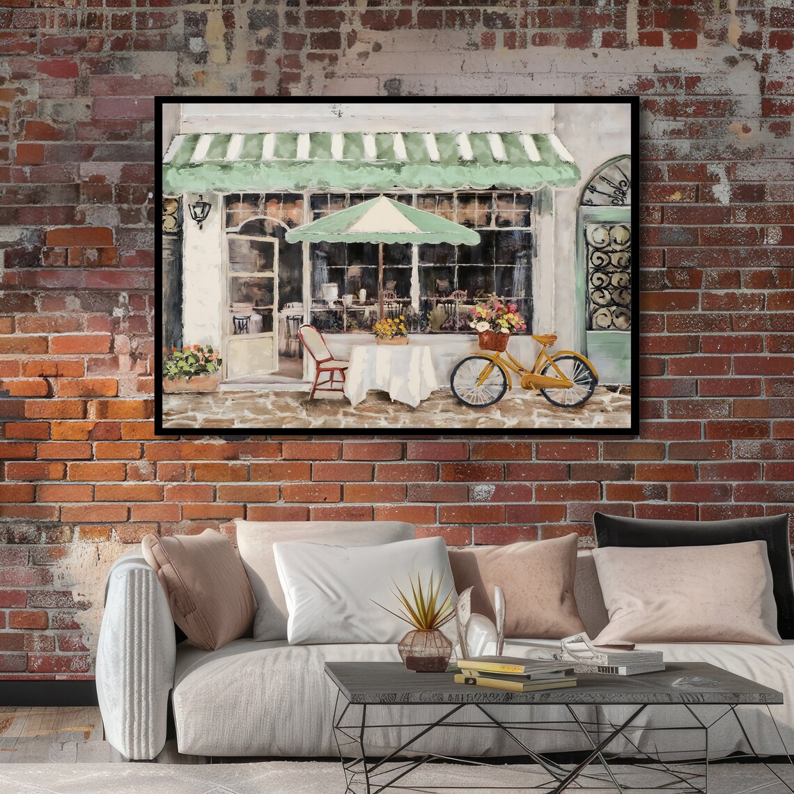 Charming European Cafe Storefront With Green Awning and Bicycle Art Poster - Image 6