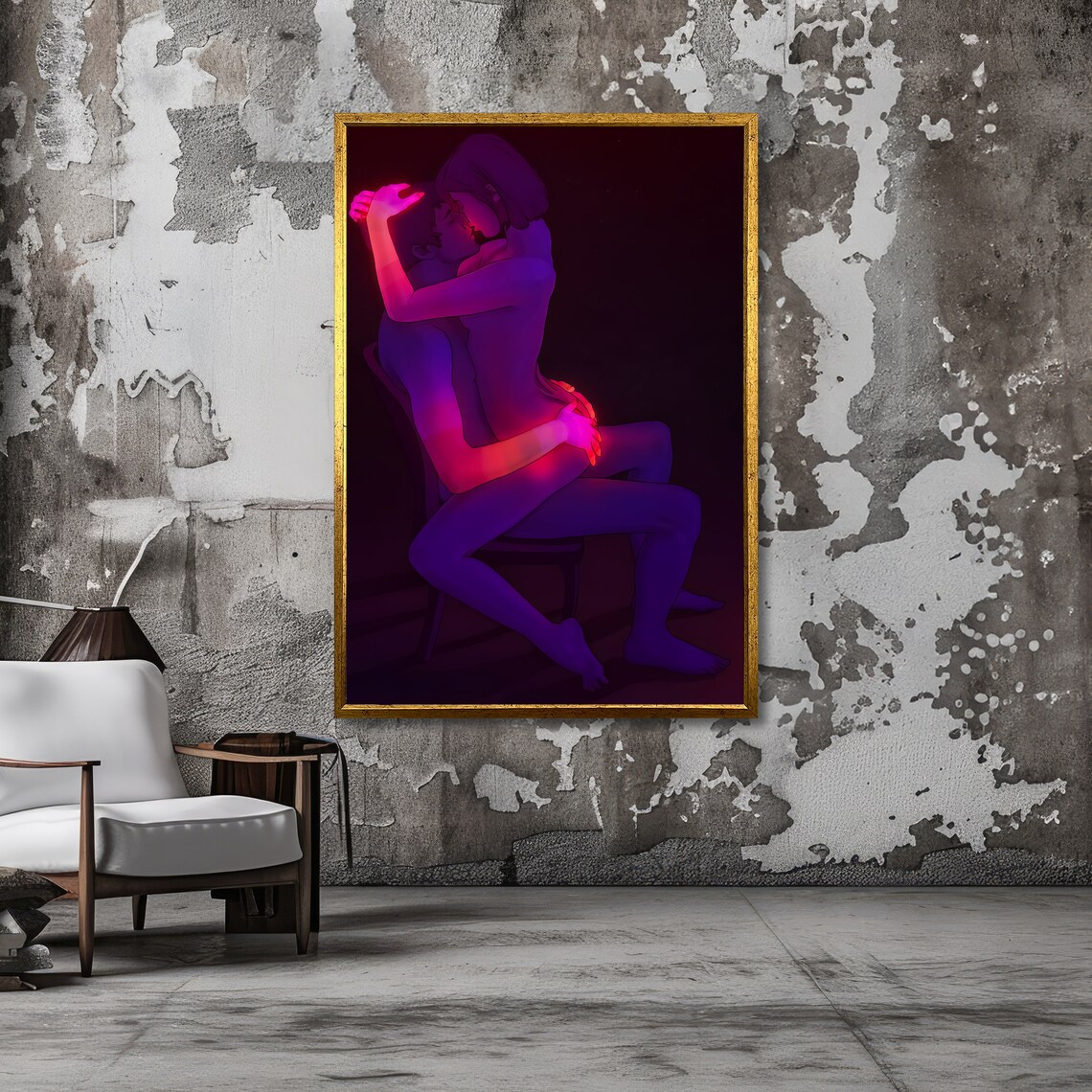 Neon Embracing Couple Purple and Red Dark Romance Art Poster - Image 5