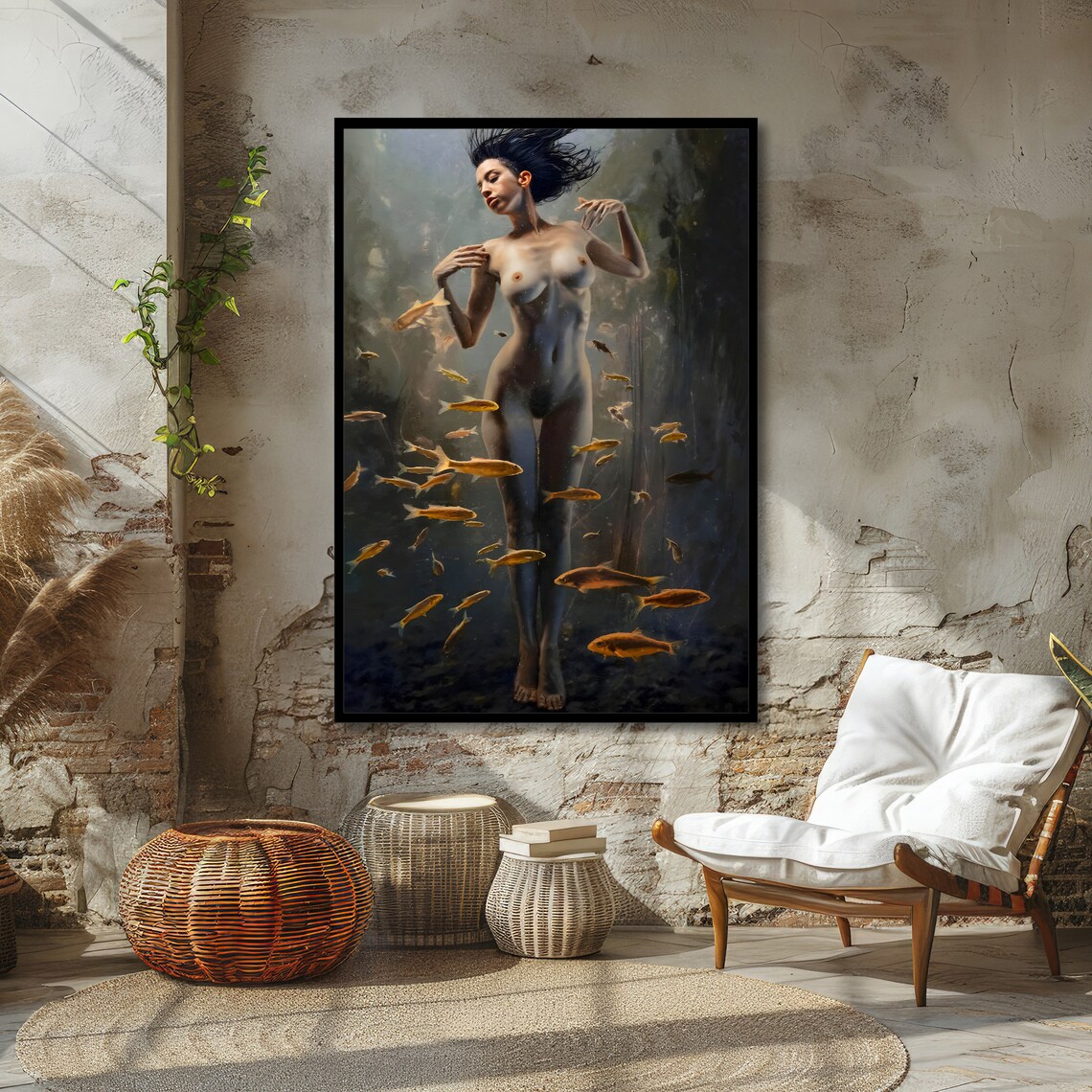 Underwater Nymph Surreal Nude Woman Floating Among Golden Fish Poster - Image 4