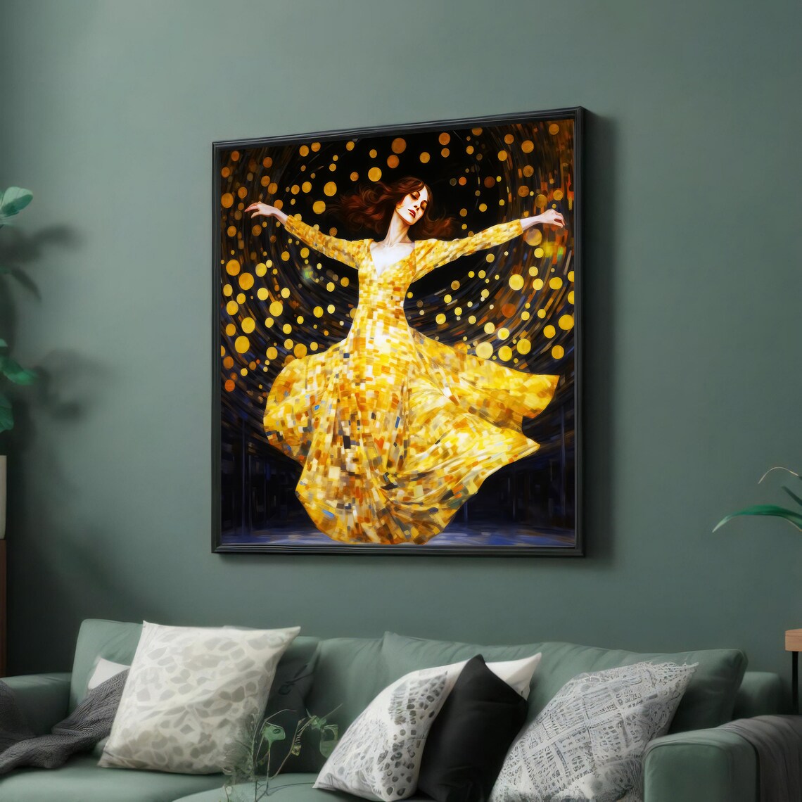 Dancing Woman Twirling in Golden Mosaic Gown Dark Bokeh Art Poster