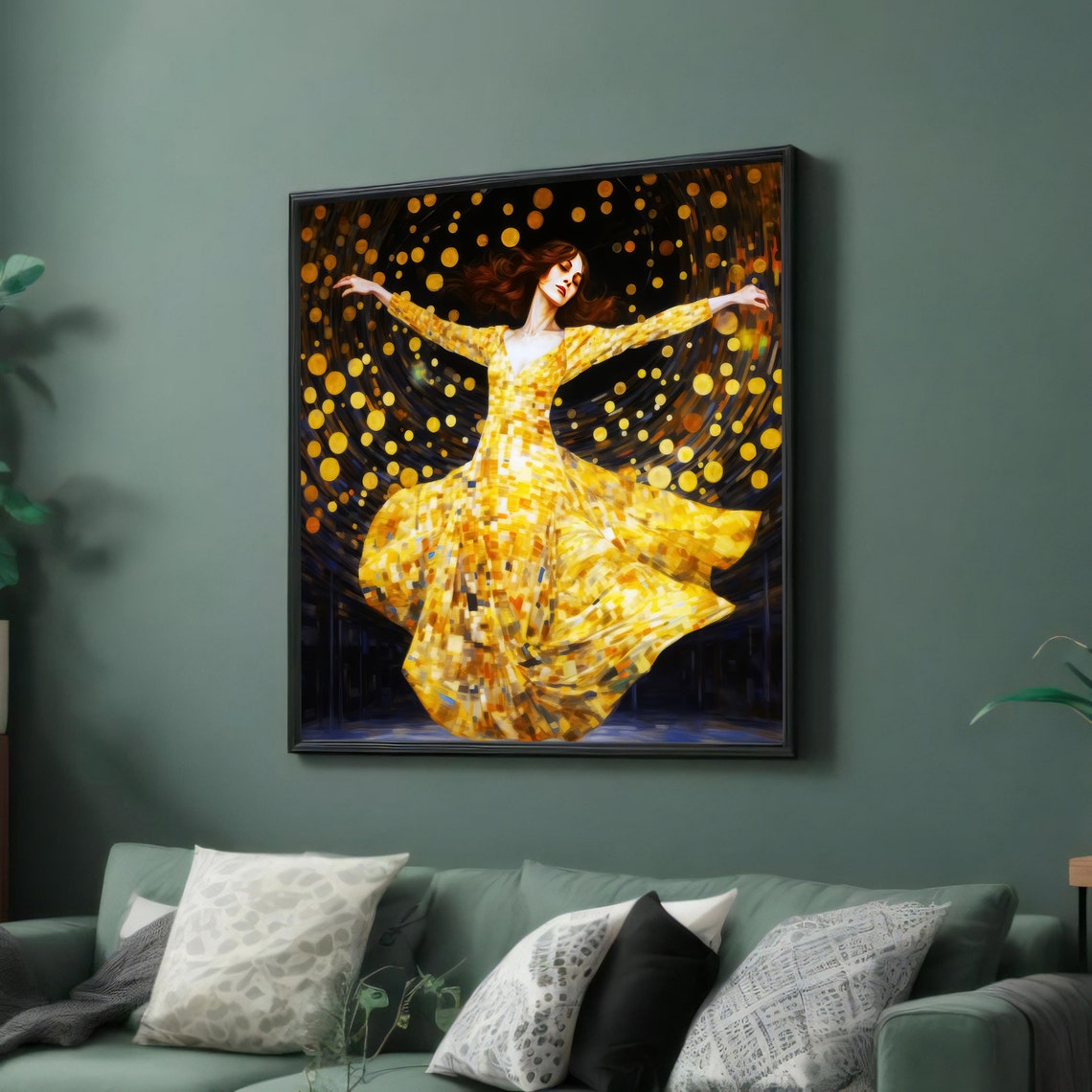 Golden Stardust Dancer Art Elegant Woman In Golden Dress Abstract Dance Painting Ready To Hang Wall Decor