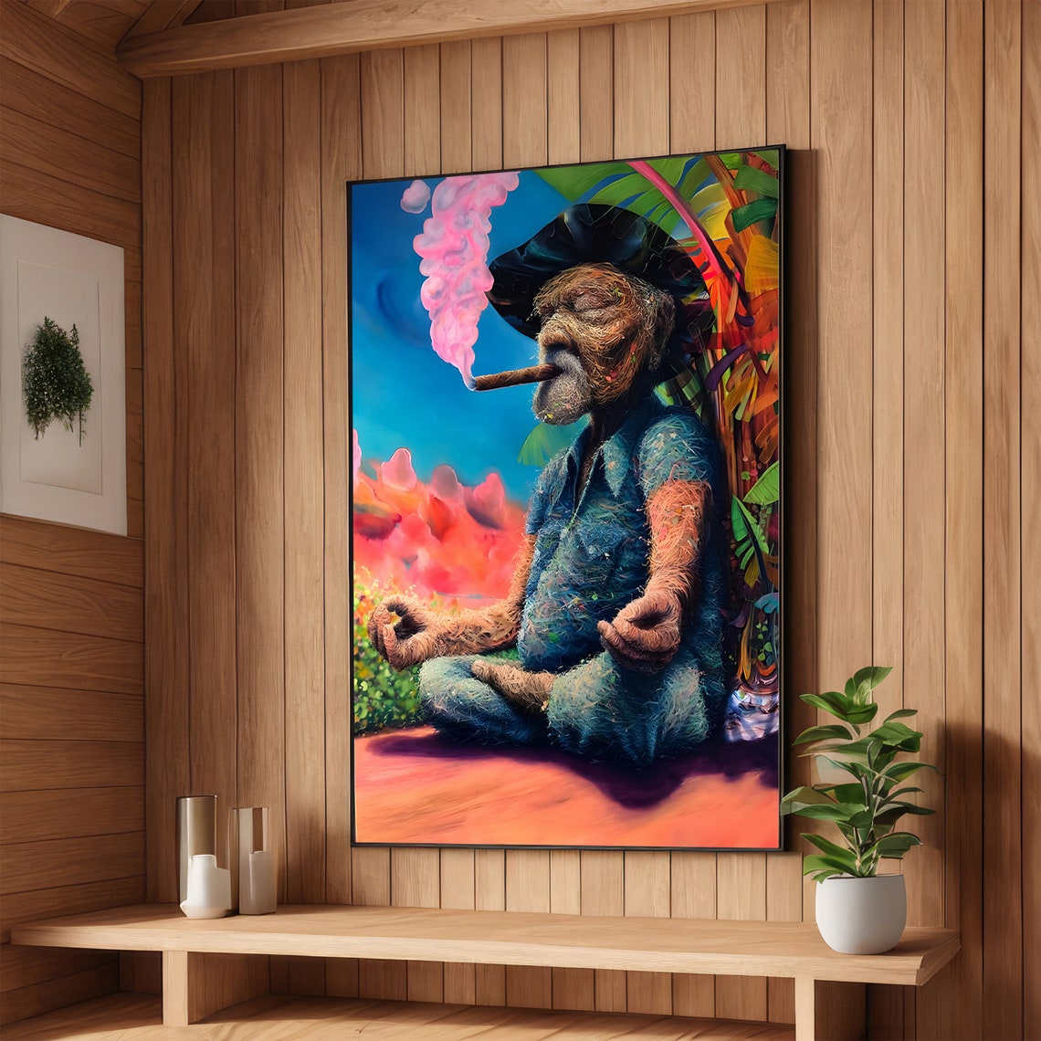Tropical Grandpa Meditating with Cigar Colorful Zen Art Poster