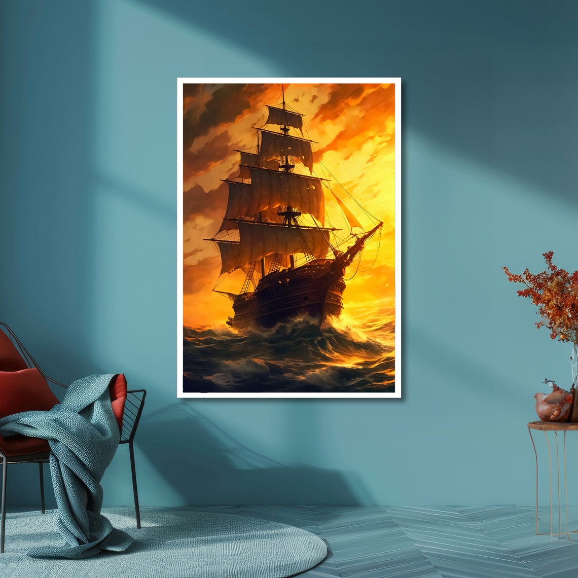 Tall Sailing Ship at a Fiery Sunset on a Dramatic Ocean Art Poster - Image 6