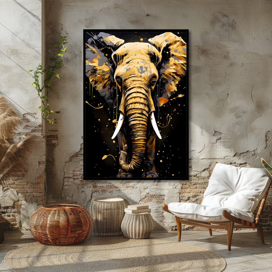 Golden Elephant Vibrant Animal Art Bold Elephant Print Wall Art Design Ready To Hang Decoration - Image 4