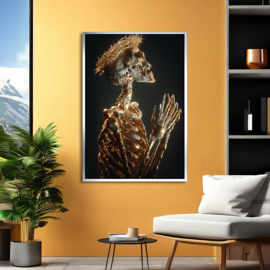 Skeleton Praying With Crown Of Thorns Art Gothic Skeleton Art Dark Religious Decor Unique Wall Art Ready To Hang - Image 2
