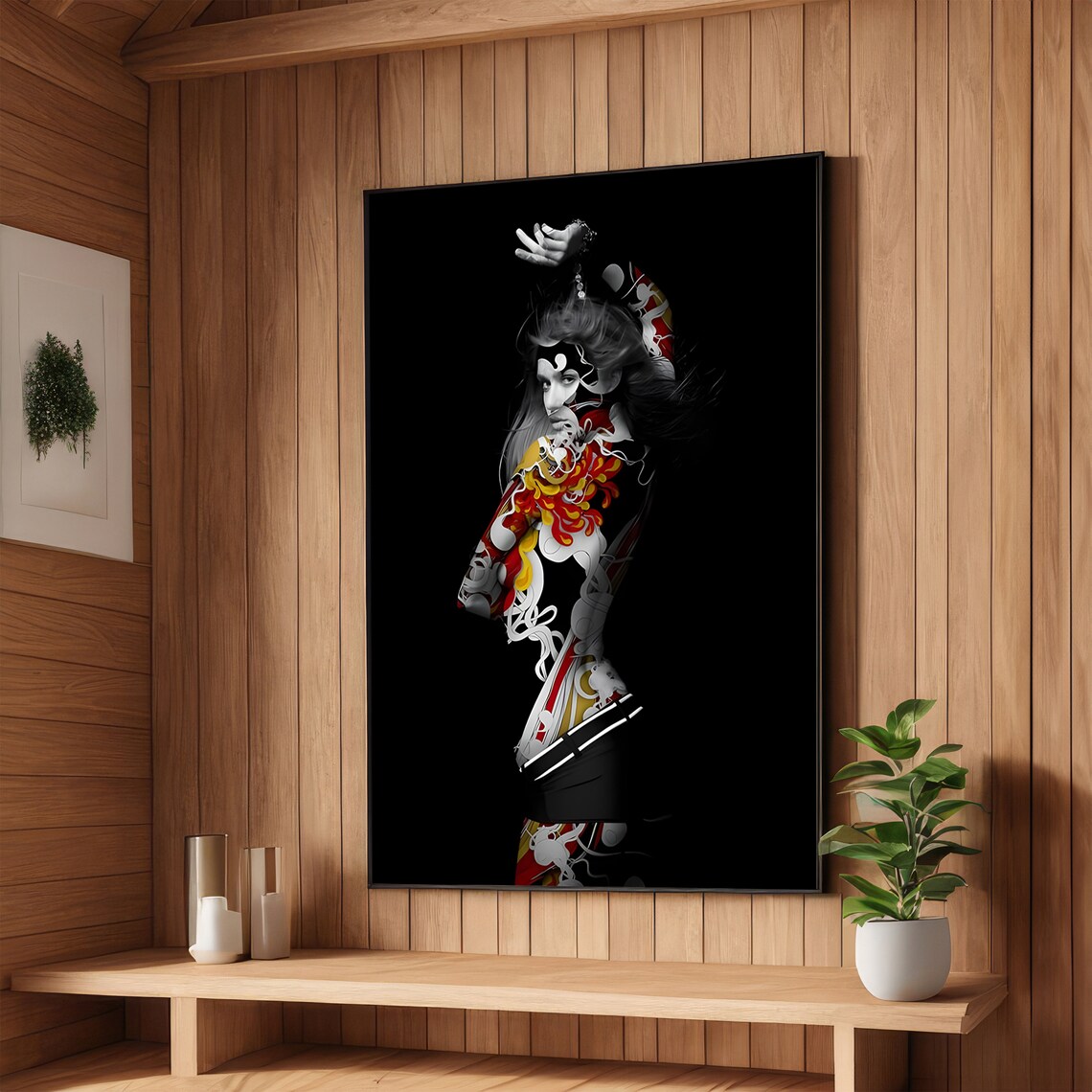 Dancing Woman Silhouette Red Gold Graffiti Black Background Poster