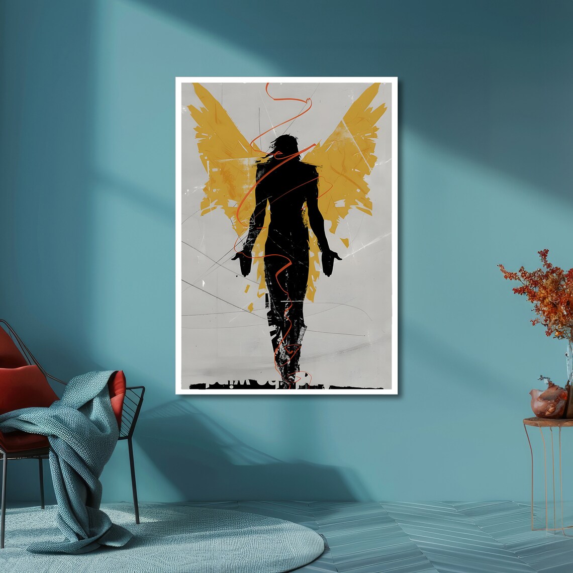 Black Angel Silhouette Golden Yellow Wings Abstract Minimal Poster - Image 6