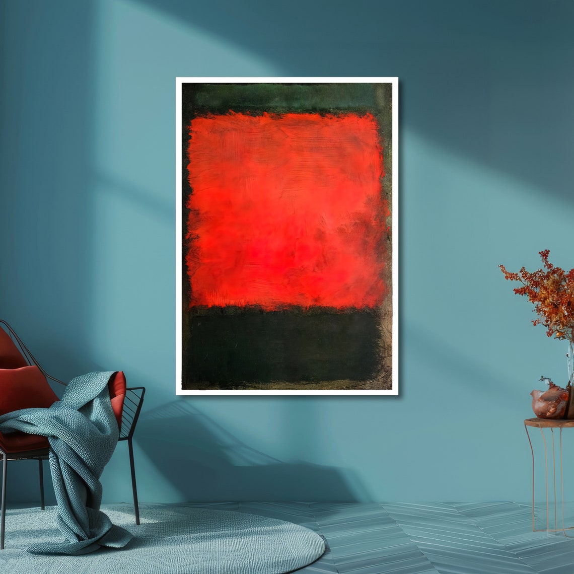 Fiery Red on Deep Green Abstract Poster in Rothko Color Field Style - Image 6