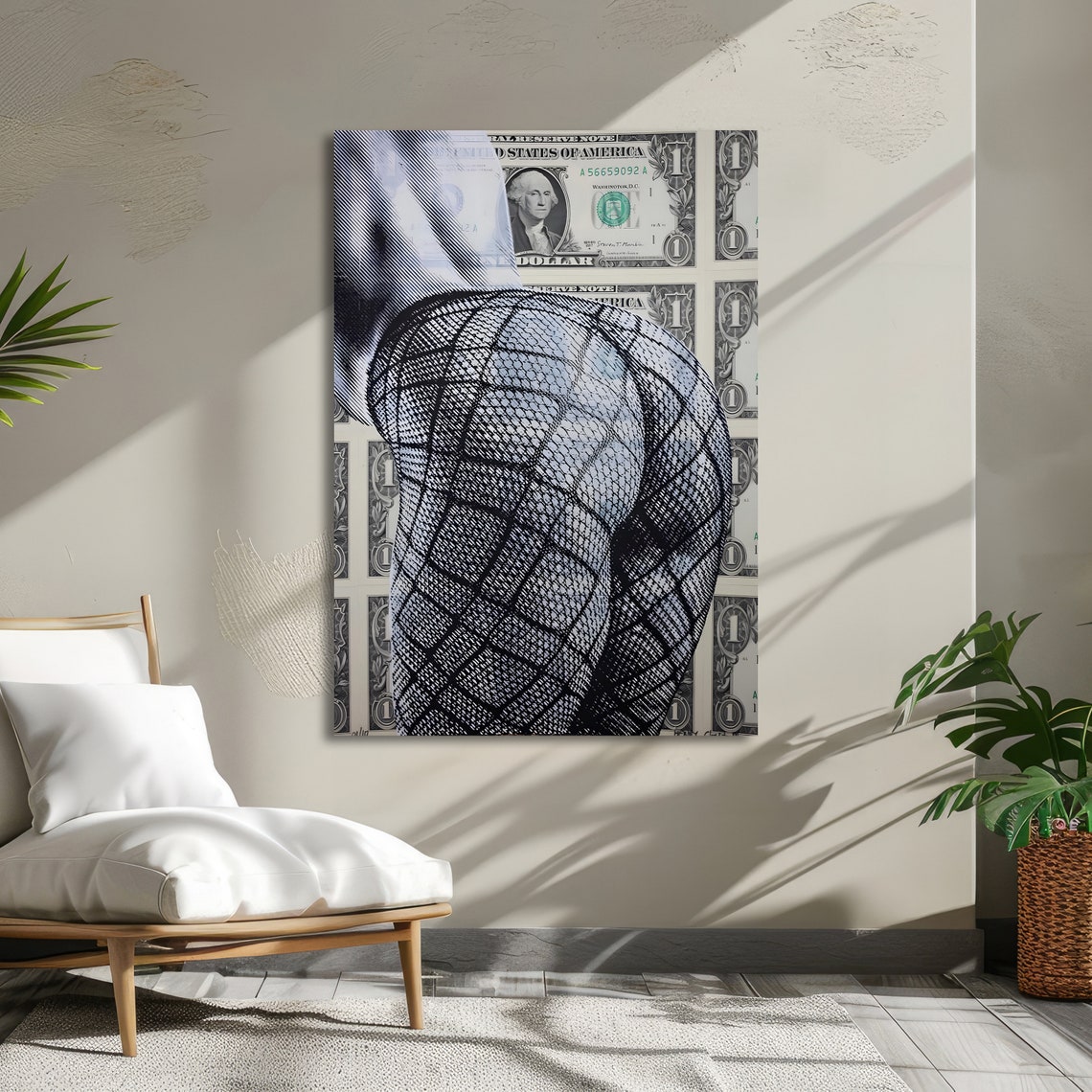 Fishnet Stockings Figure Posed over Dollar Bills Bold Pop Art Poster - Image 5