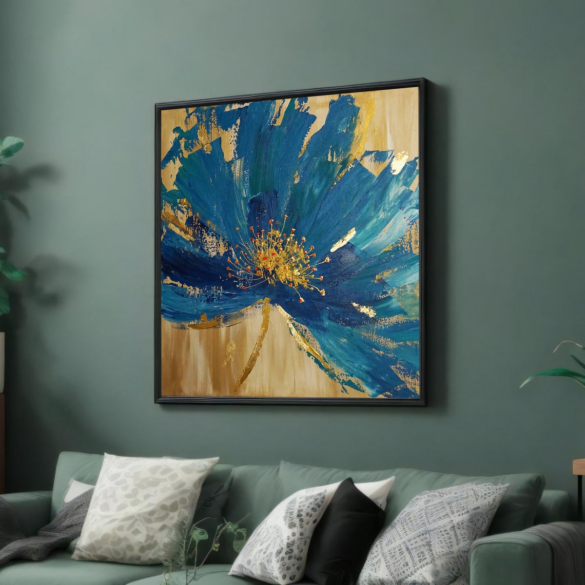 Bold Blue Blossom With Gold Leaf Abstract Floral Painting Art Poster