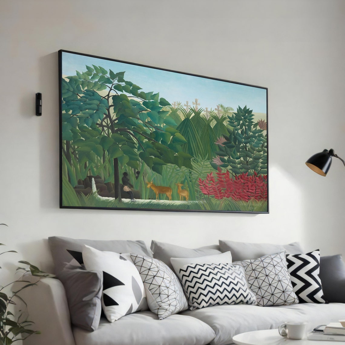 Rousseau Exotic Tropical Jungle with Deer and Red Blossoms Poster