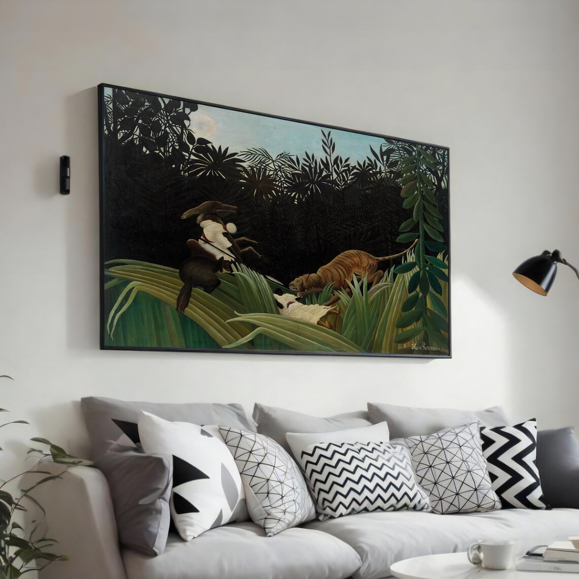 Rousseau Scout Attacked by Tiger Stormy Jungle Moonlight Art Poster