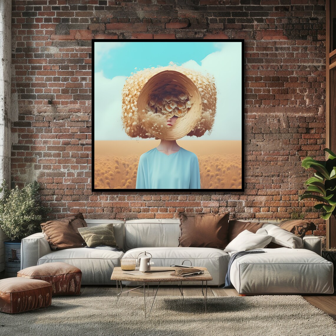 Straw Flower Hat Woman Wheat Field Surreal Portrait Art Poster - Image 4