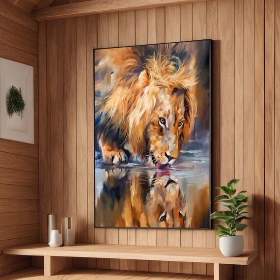 Reflective Lion Drinking Water Mirrored Reflection Art Poster