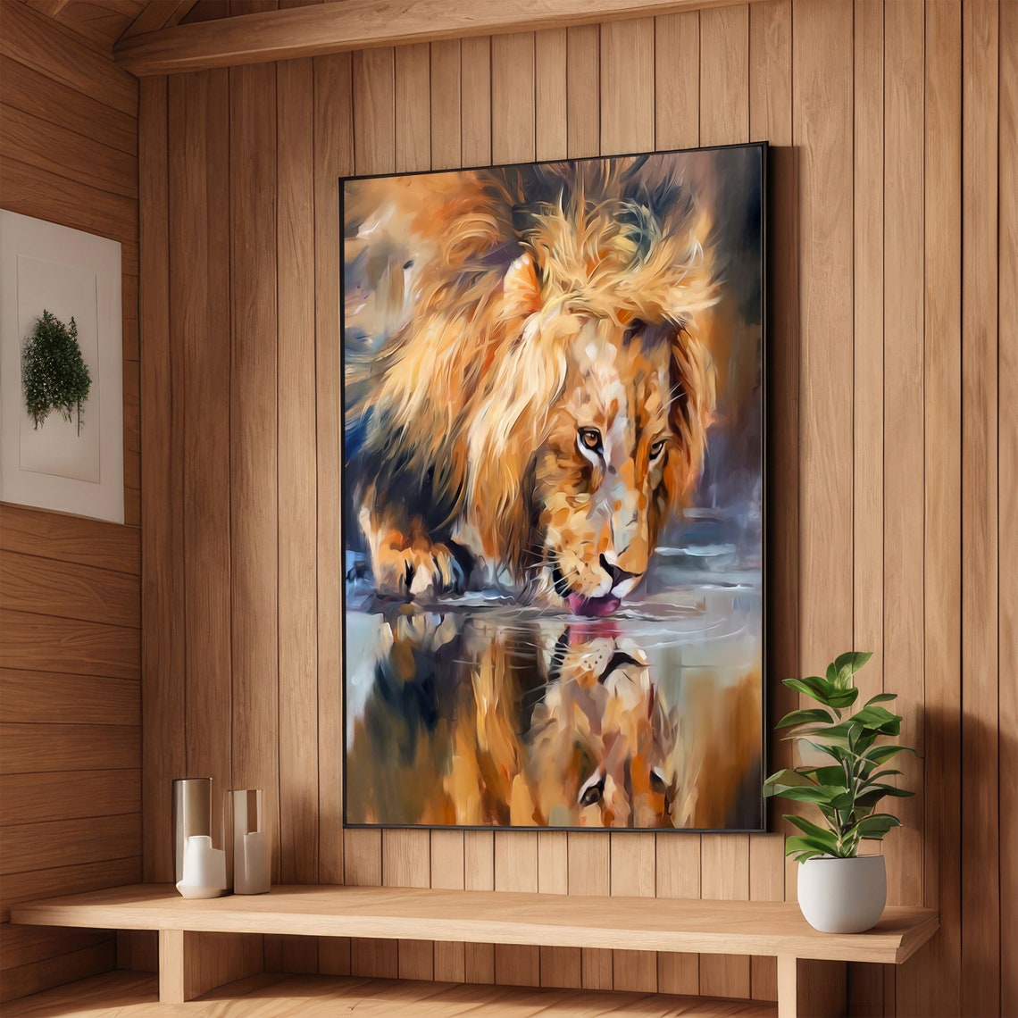 Reflective Lion Drinking Water Mirrored Reflection Art Poster