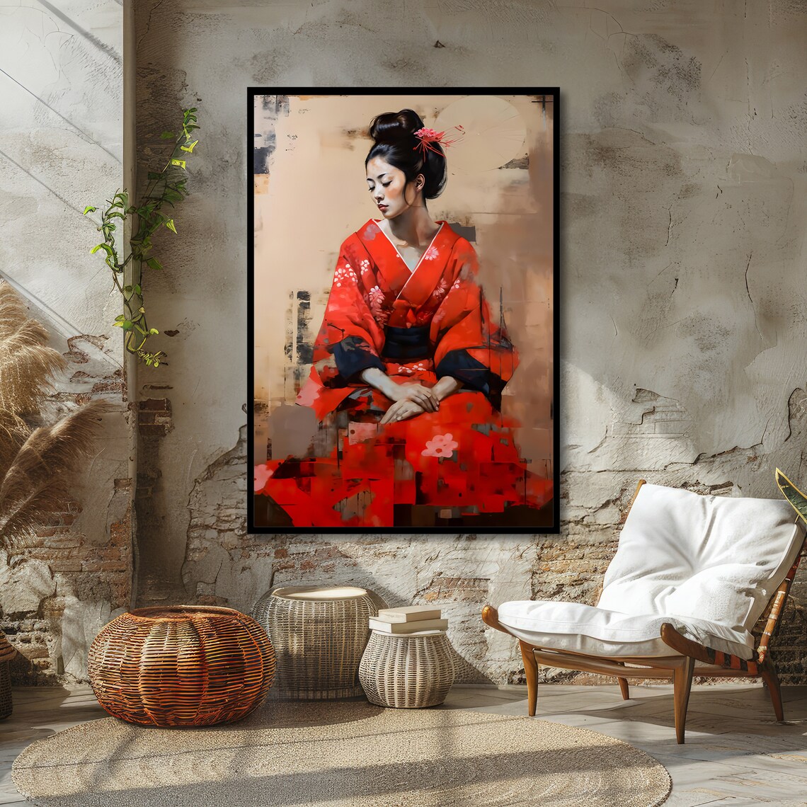 Seated Geisha in Red Kimono Elegant Serene Japanese Art Poster - Image 4