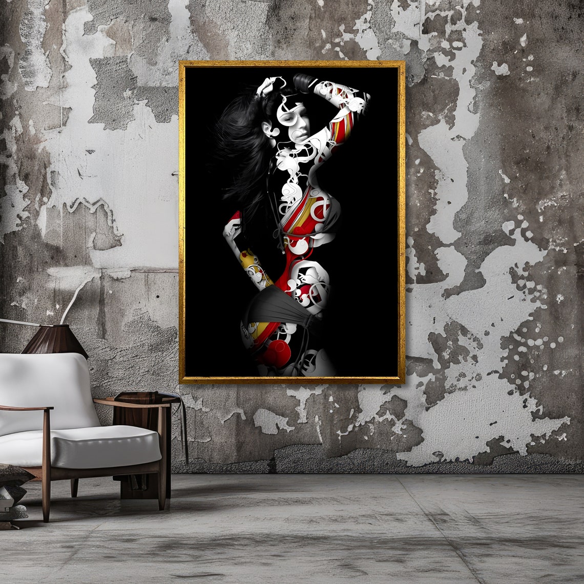 Woman Silhouette Red Graffiti Patterns Black Background Poster - Image 2