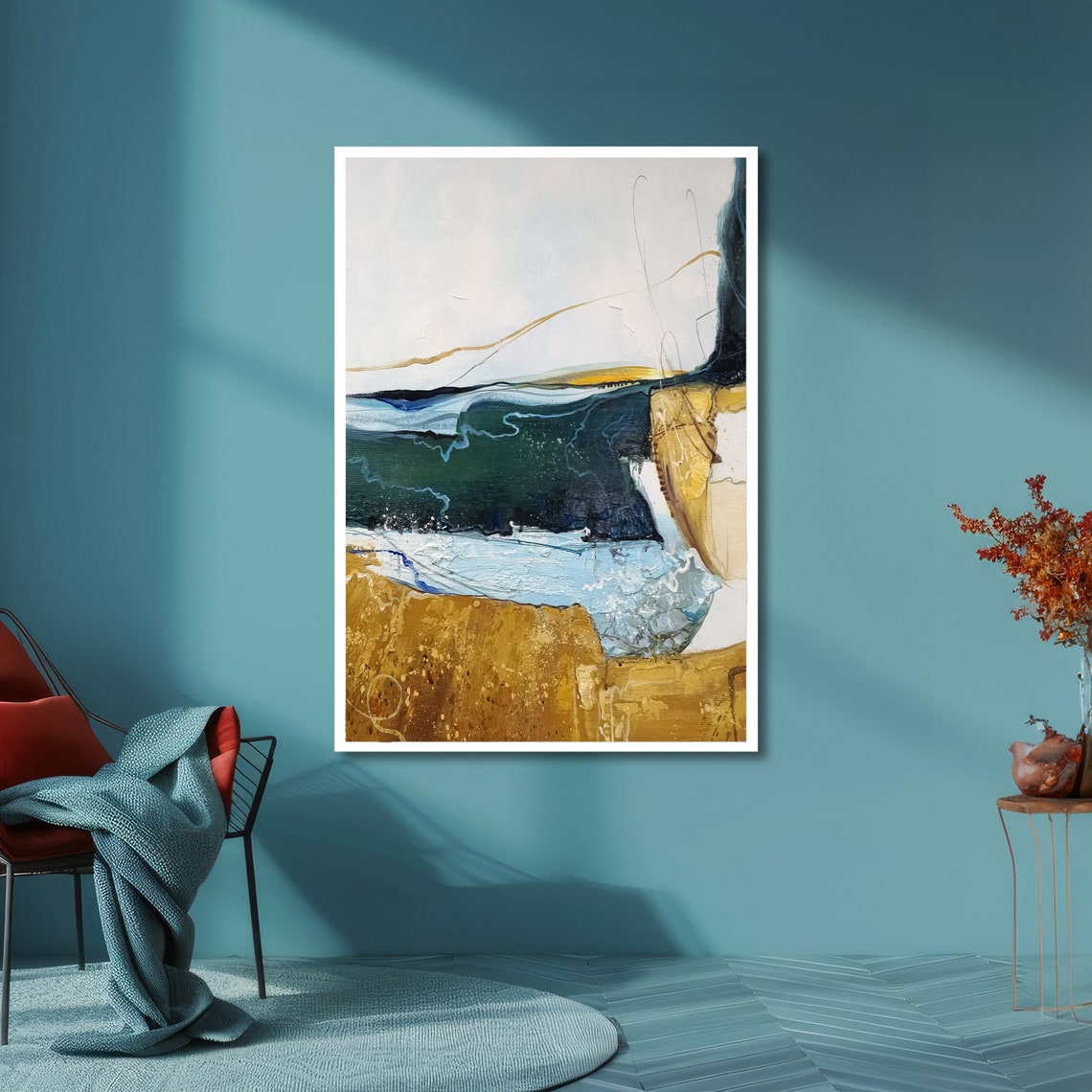 Abstract Coastal Ocean Waves Painting in Blue and Gold Tones Poster - Image 3