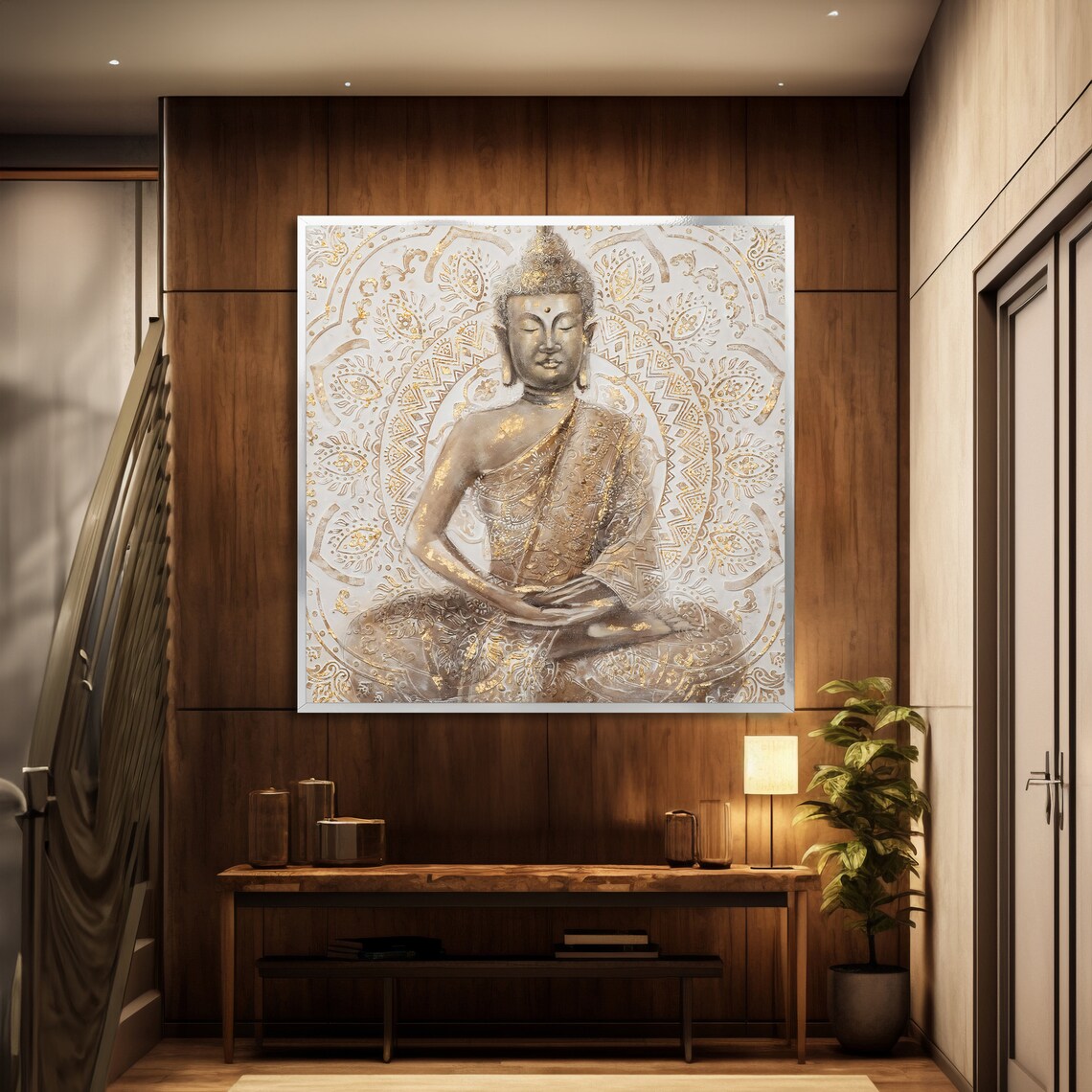 Golden Buddha Meditating Before Ornate White and Gold Mandala Art Poster - Image 3