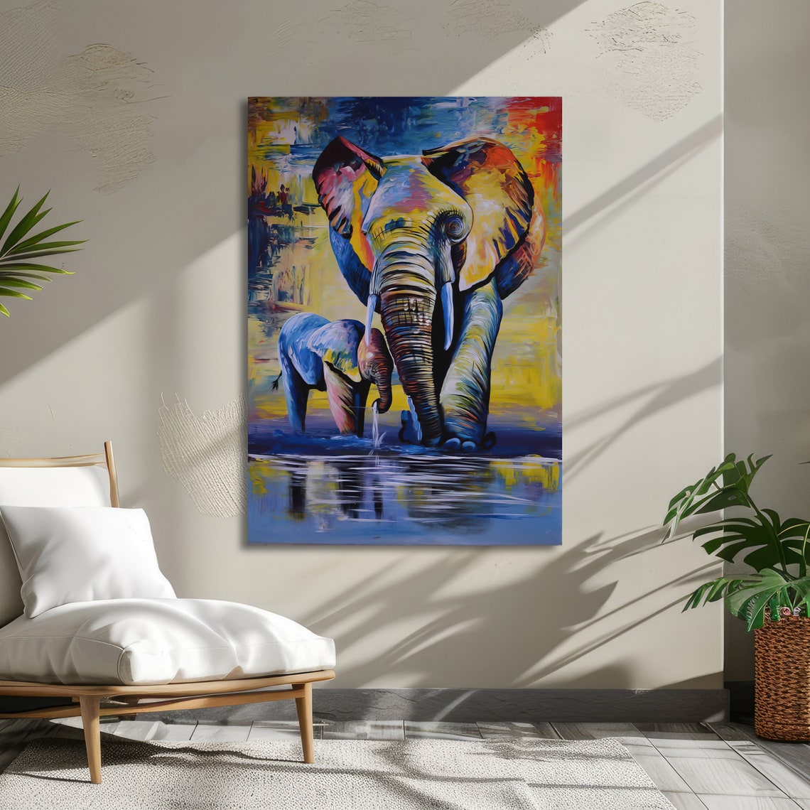 Colorful Elephant and Calf Crossing Water Vibrant Art Poster - Image 2