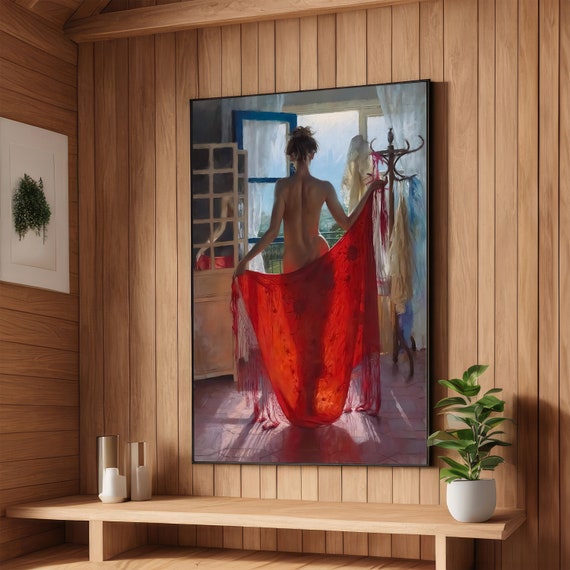 Sensual Red Draped Nude Art Erotic Romantic Wall Decor Ready To Hang