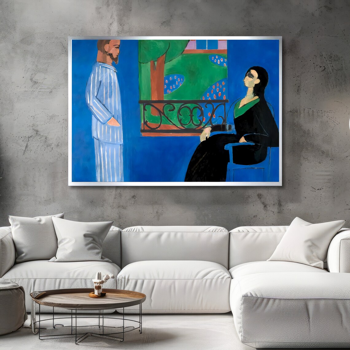 Matisse-Style Couple by the Balcony Window in Blue Room Poster - Image 2