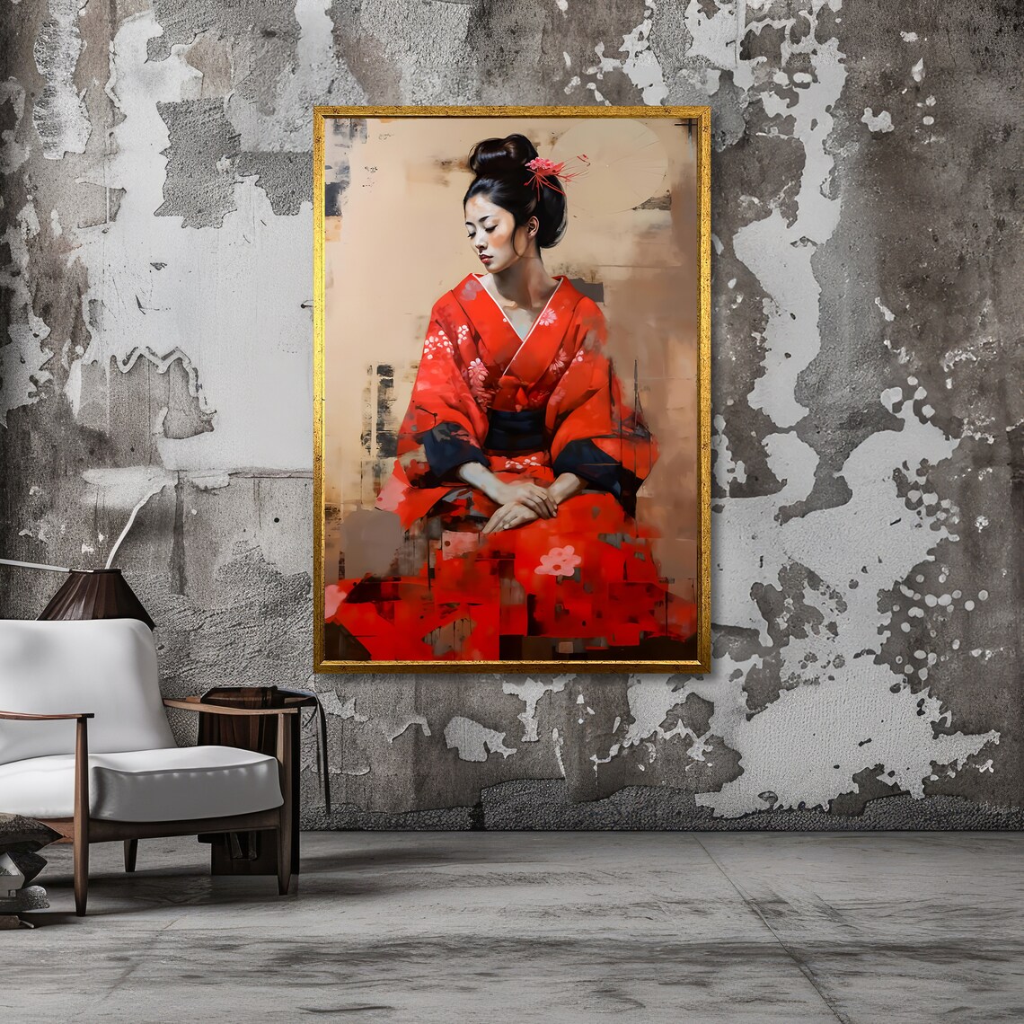 Seated Geisha in Red Kimono Elegant Serene Japanese Art Poster - Image 3