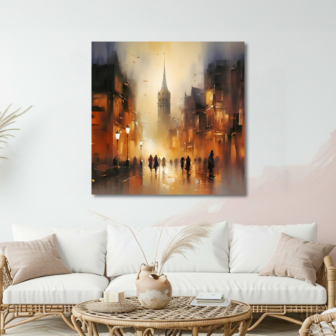 Golden City Street At Dusk Glowing Lamplights Impressionist Poster - Image 5