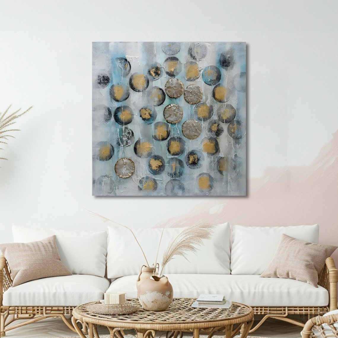 Modern Abstract Circles Contemporary Wall Art Blue And Gold Geometric Print Wall Art Design Ready To Hang Decoration - Image 2
