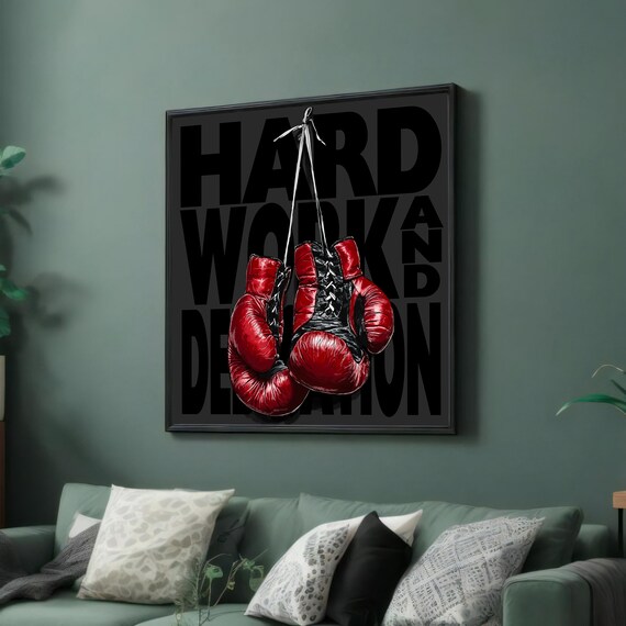 Hard Work and Dedication Quote With Red Boxing Gloves Motivational Art Poster
