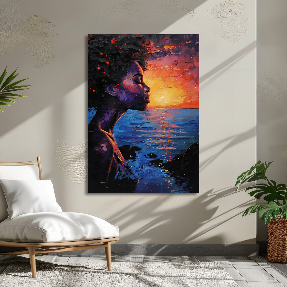 Woman Silhouette in Ocean Sunset Impasto Portrait Art Poster - Image 2