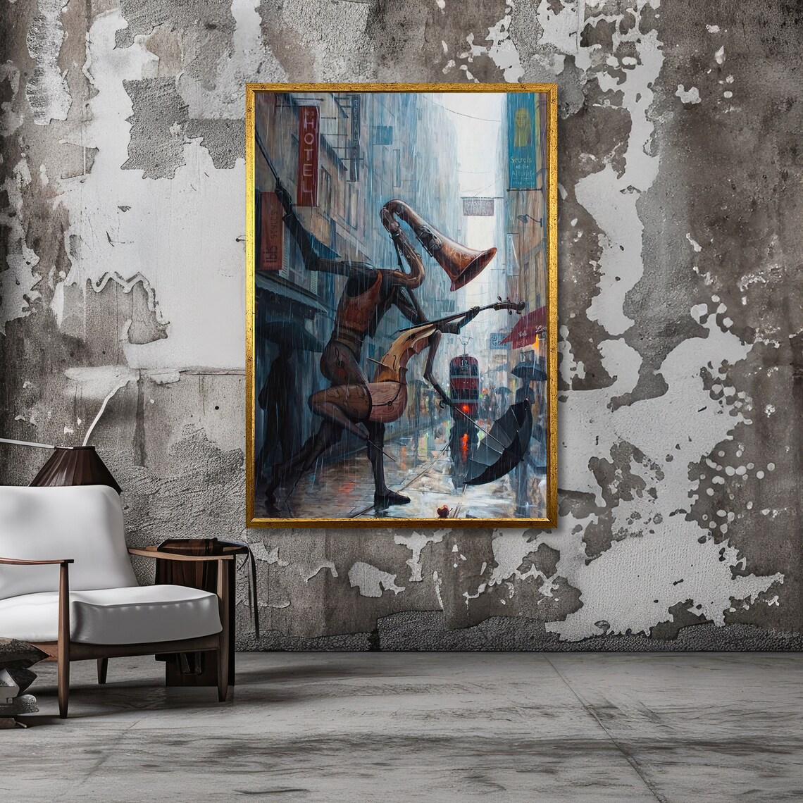 Surreal Saxophone Player Rainy City Street Jazz Music Poster - Image 3