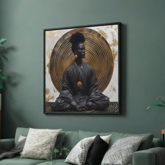 Regal Meditation Art Zen African Portrait Golden Spiral Ready To Hang Wall Decor