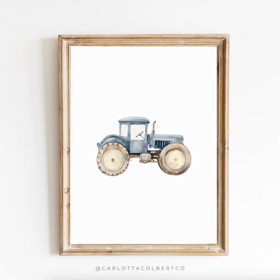 Blue Vintage Tractor Watercolor Art Print Boys Nursery Farm Wall Decor