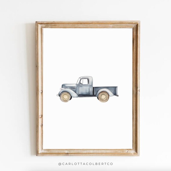 Blue Vintage Pickup Truck Watercolor Art Print Boys Nursery Wall Decor