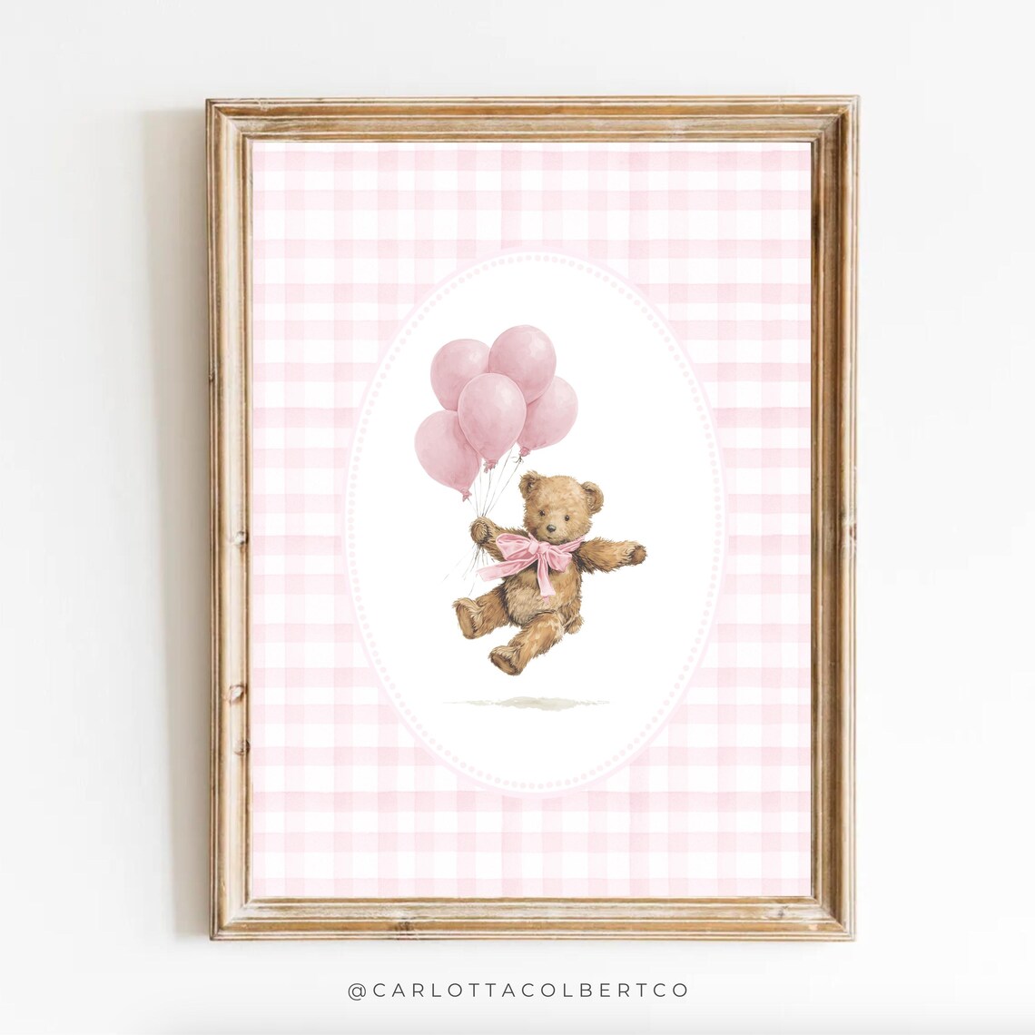 Vintage Teddy Bear Pink Balloons Gingham Baby Girl Nursery Poster
