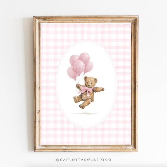 Bear Nursery Art Vintage Light Pink Girl Decor Gingham Teddy Poster Balloons Print Baby Room