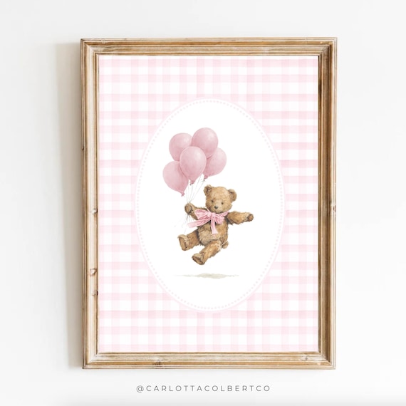 Vintage Teddy Bear Pink Balloons Gingham Baby Girl Nursery Poster